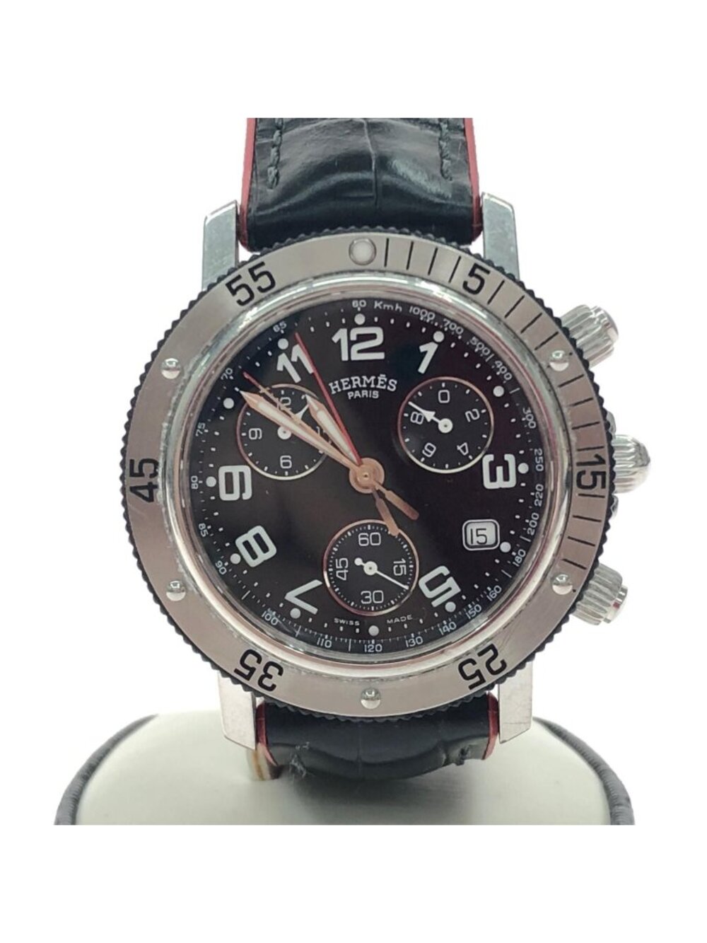 Hermes Watch Quartz Clipper Chrono Diver Black Dial Date Strap Original Included